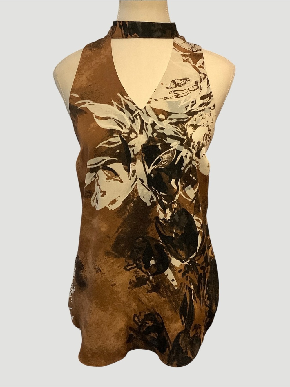 Le Château Floral Halter Neck Chiffon Blouse Brown Cream Size Small